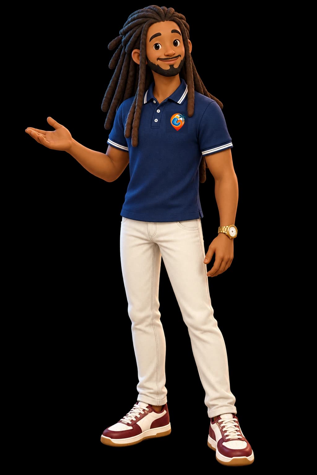 Rex, LinkWe’s friendly 3D character, wearing his navy LinkWe polo and welcoming you with an open hand.